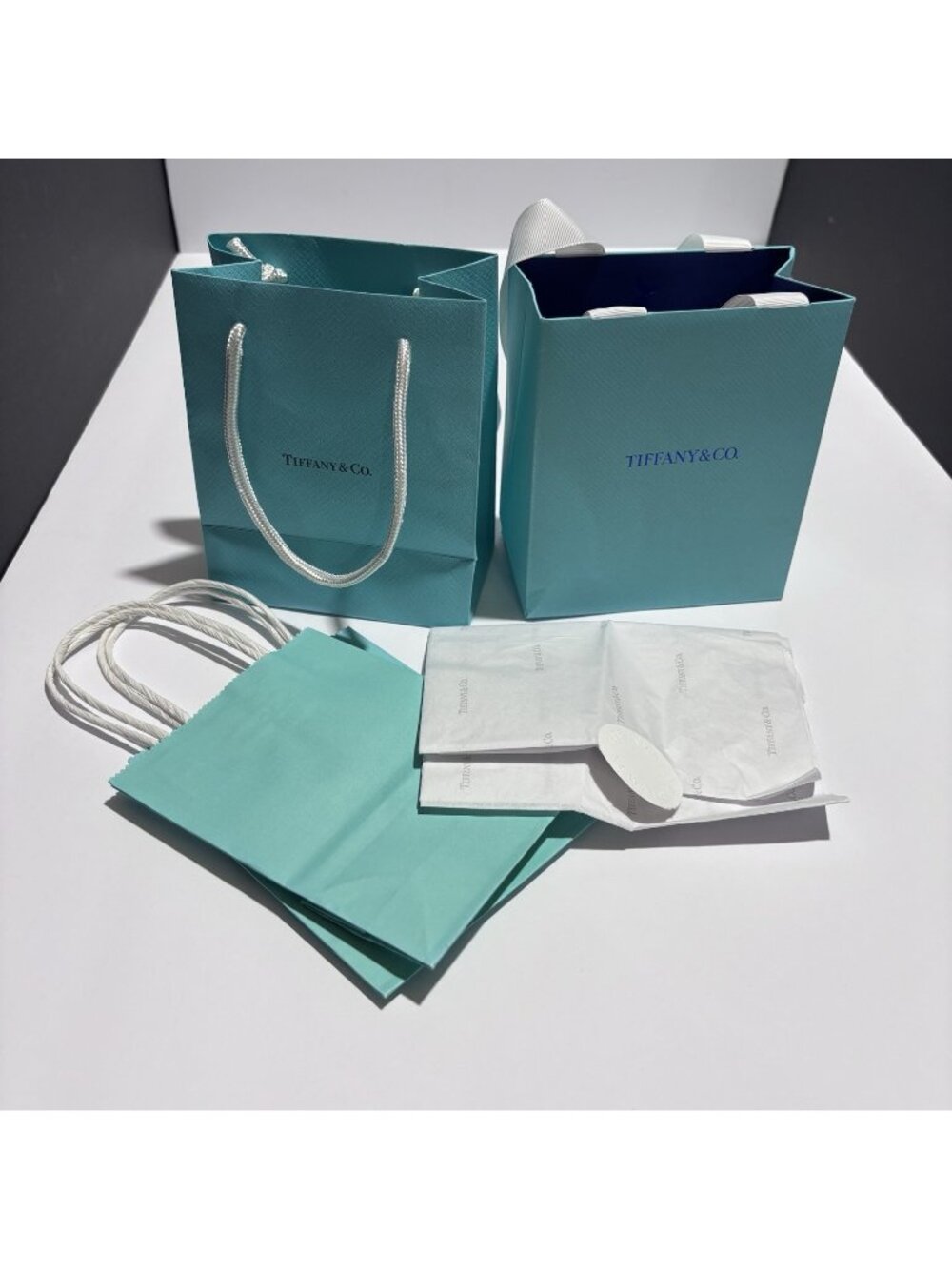 Tiffany & CO Two Small Tiffany Blue Gift Bags & Tiffany Branded Gift Wrap.
